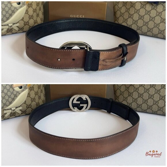 Auth Gucci Black Guccissima Leather Silver Interlocking G Buckle Belt 85/34 - Picture 5 of 13